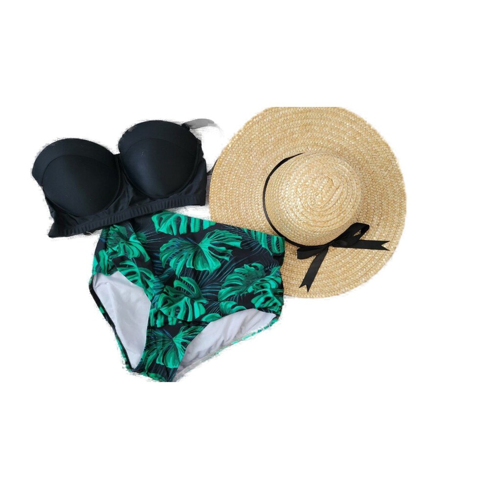 Leaf Print High Waisted Dark Green Bikini Sets Sz L